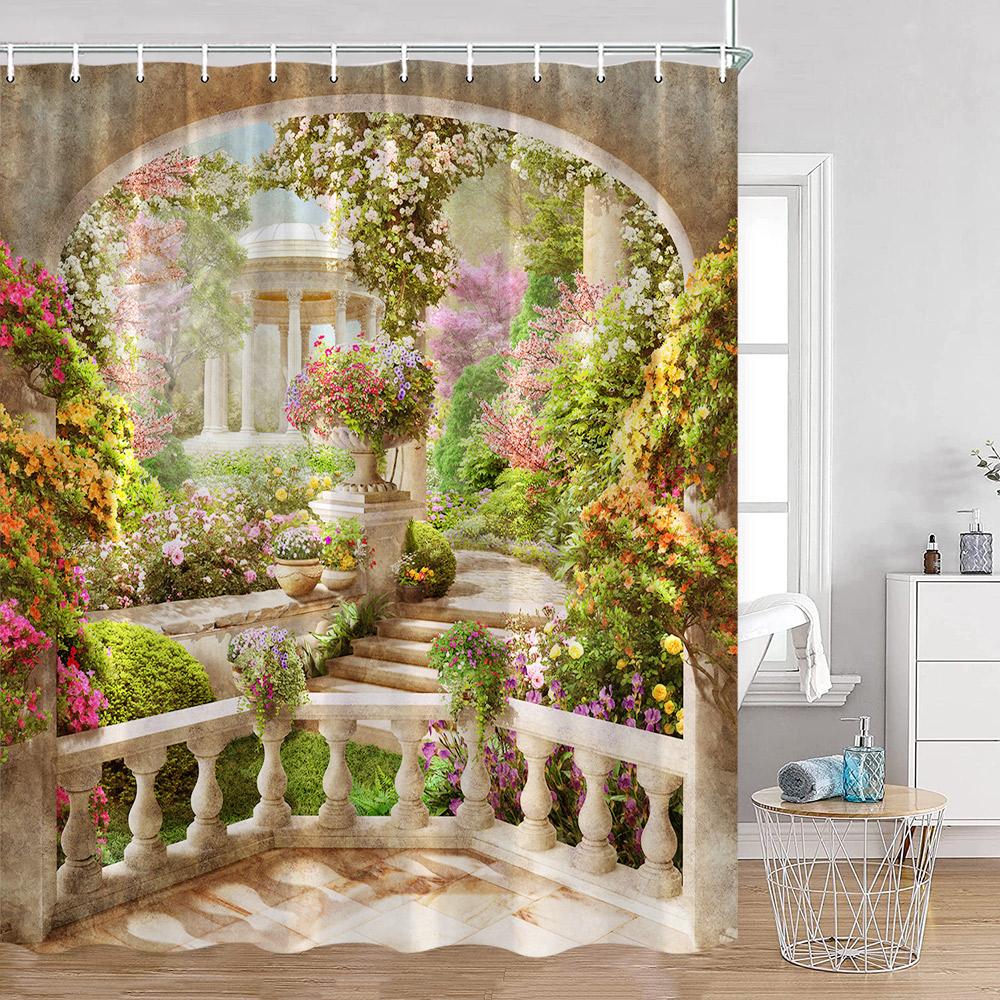 

European Garden Shower Curtains Seaside Balcony Seascape Island Colorful Fowers Bathroom Decor Floral Polyester Bath Curtain 90x180cm-35x70in