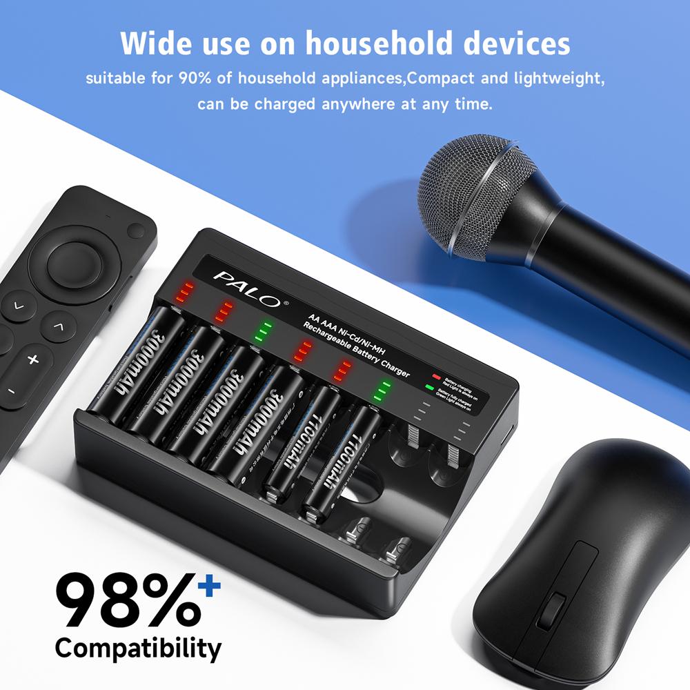 PALO 1.2V NIMH AA Rechargeable Battery with Smart AA Battery Charger 1.2V 3000mAh 2A Battery for Remote Control Toy Camera