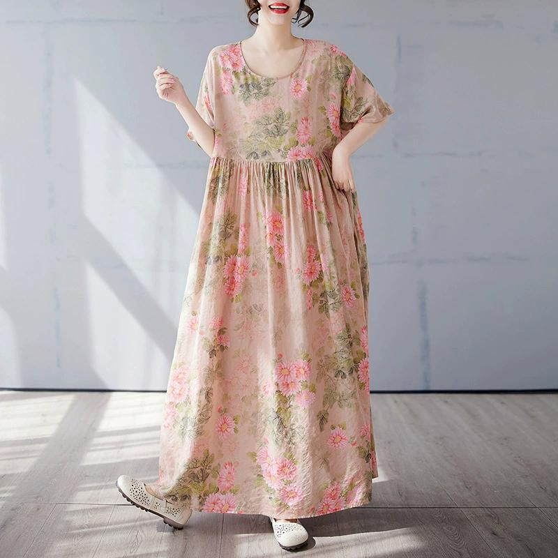 Plus Size Bohemian Print Maxi Long Dress for Women Floral Casual Cotton Linen Loose Vintage Vestidos Para Mujer Robe Dresses
