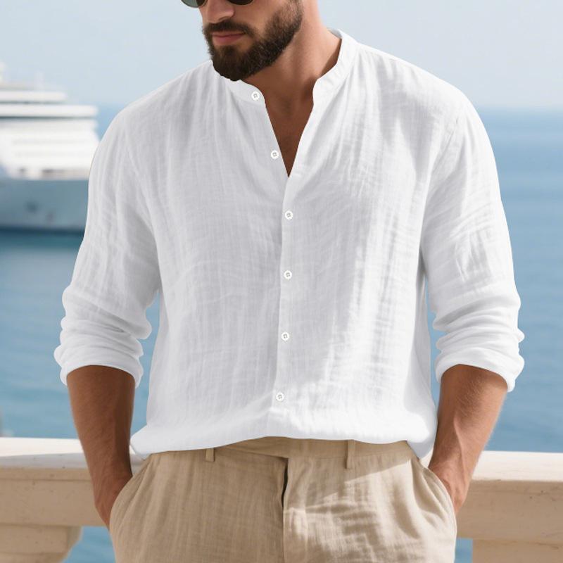 Mens Stand Collar Long Sleeve Loose Casual Solid Button Down Shirt S
