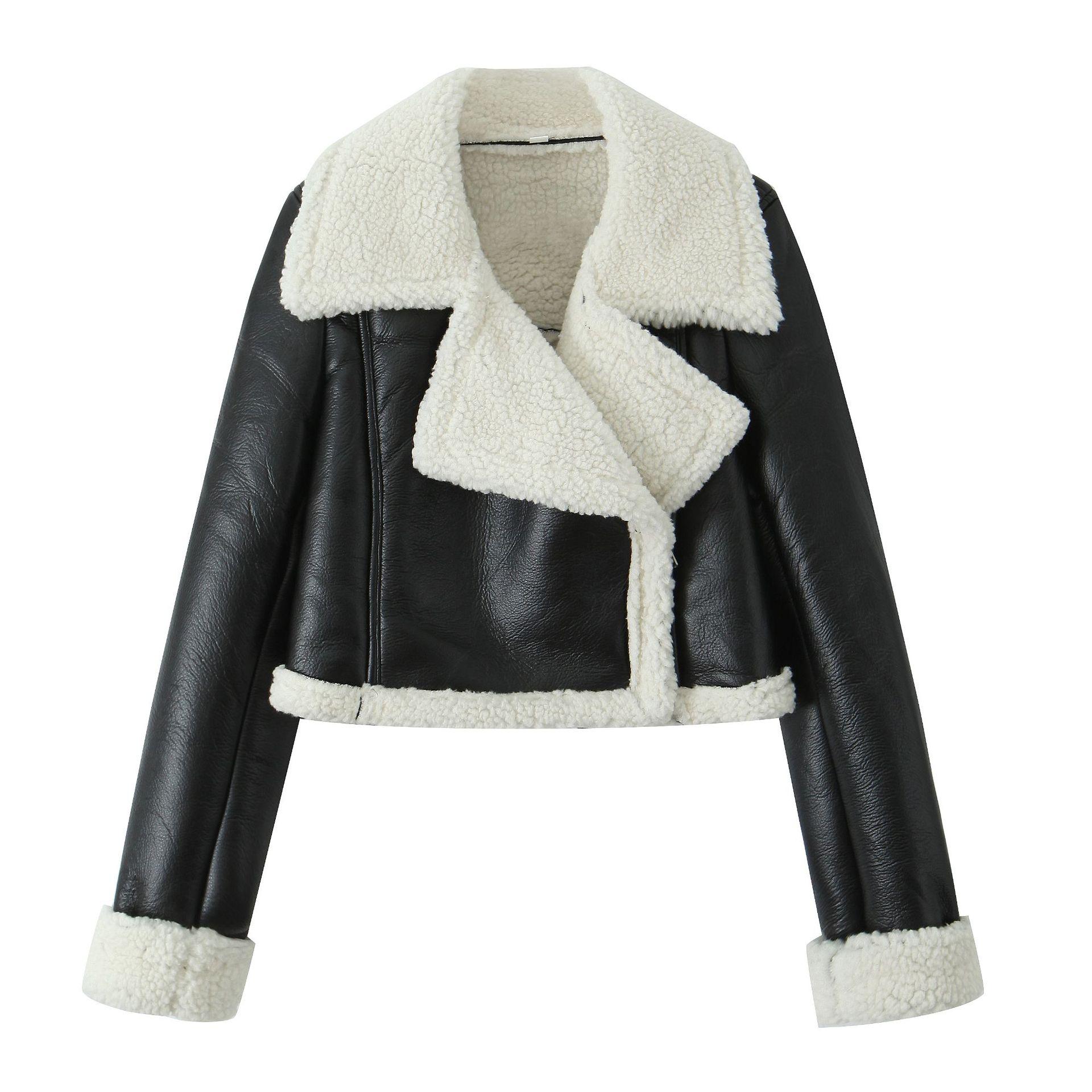 

Европейская и американская одежда весна и осень новая женская одежда воротник с лацканами мех интегрированный флис короткая женская куртка XL