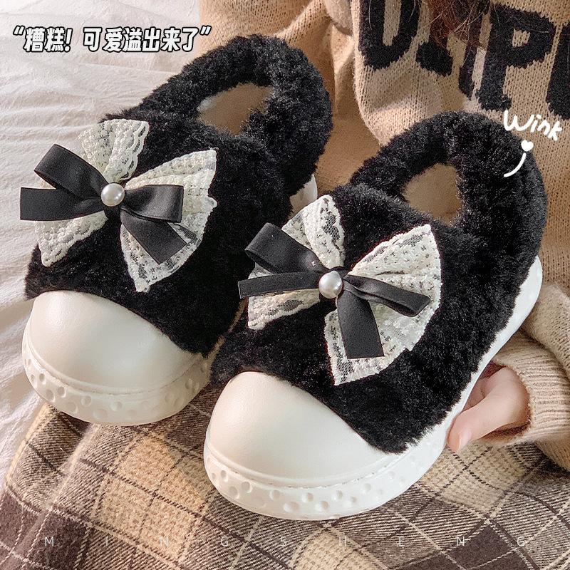 Winter neu Spitze Schleife Samt verdickt warm Baumwolle Hausschuh Baumwollpantoffeln