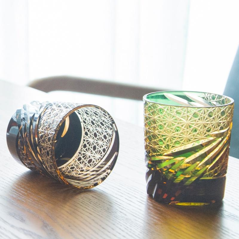 240ml Handmade Japanese Edo Kiriko Style Amber Whiskey Glass Tumbler for Home Bar Decor Rocks Bucket Cocktail Serving