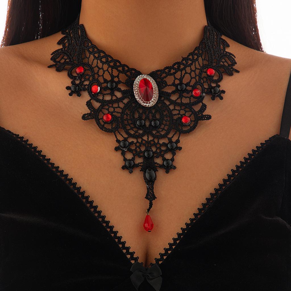 SHIXIN Gothic Hollow Out Black Lace Choker Necklace Women Vintage Punk Red Blood Drop Pendant Necklace Halloween Neck Chain New