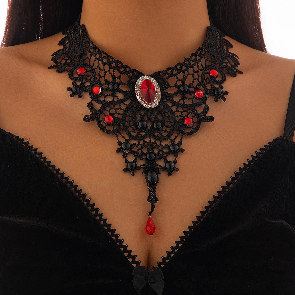 

SHIXIN Gothic Hollow Out Black Lace Choker Necklace Women Vintage Punk Red Blood Drop Pendant Necklace Halloween Neck Chain New