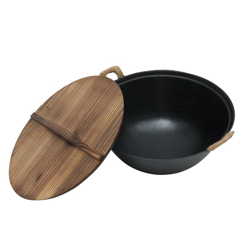 Zhensanhuan Traditional Uncoated Cast Iron Wok with Fir Wood Lid
