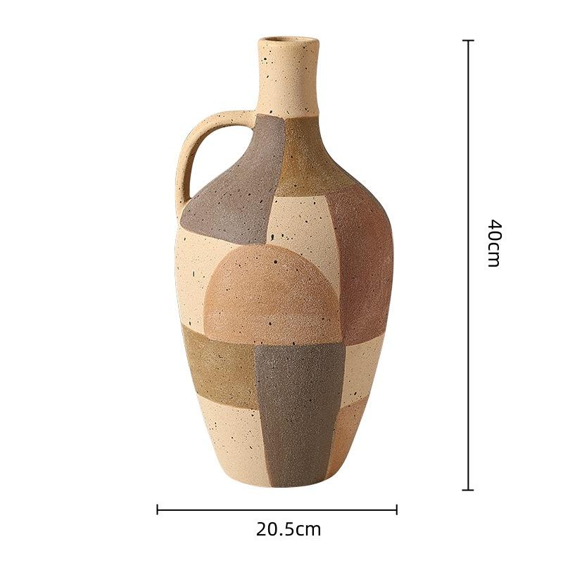 Ceramic Vase Checkered Color-blocked Geometric Handle Pot Ceramic Bottle Flower Vase Home Decoration Accessories