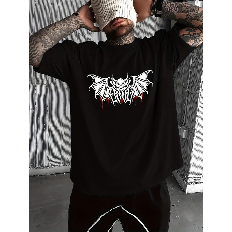 Mysterious Halloween Cool Bat & Gothic Letter Print T-Shirt – A Men's Top Leading the New Trend