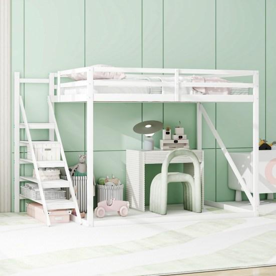 Children Bed Loft Bed 140x200cm with Security Manager, Solid Wood Bunk Bed with Slatted Frame Suitable for Children, Young People and Adults, White