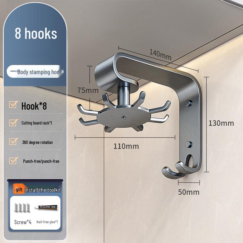 Kitchen Octopus Rotating Hook: Punch-Free Wall-Mounted Hanging Rack for Pot, Spatula, Spoon, and Cutting Board Storage.