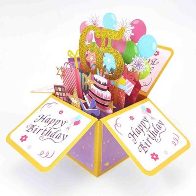 Happy 65th/55th Birthday Greeting Card with Envelope & Writing Card Cute Cake Candle Balloon Pattern Blessing Cards Creative Folding