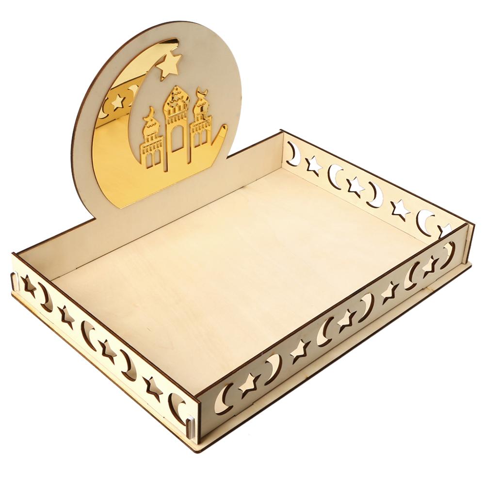 Rustic Wooden Eid Mubarak Party Serving Tray Ramadan Food Tableware Display Desk Organizer Wood Decoration