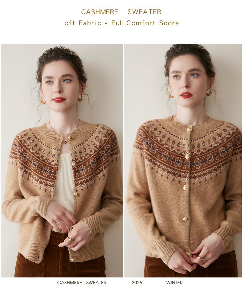 Cardigan Dama Etnic Fair Isle Floral din Cașmir - Pulover cu Tricotaj Larg și Gât Rotund