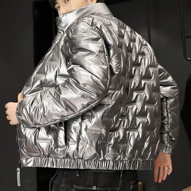 Men's Autumn and Winter Padded and Thickened Stand-up Collar Hoodless Plus Size Warm Jacket Bright Casual Outerwear