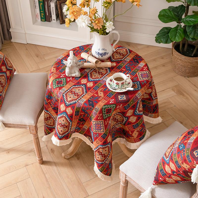 Bohemia Embroidery Patterns Table Cloth Red Badge Tassels Table Cover for Dining Coffee Party Table Decoration Rectangular Round