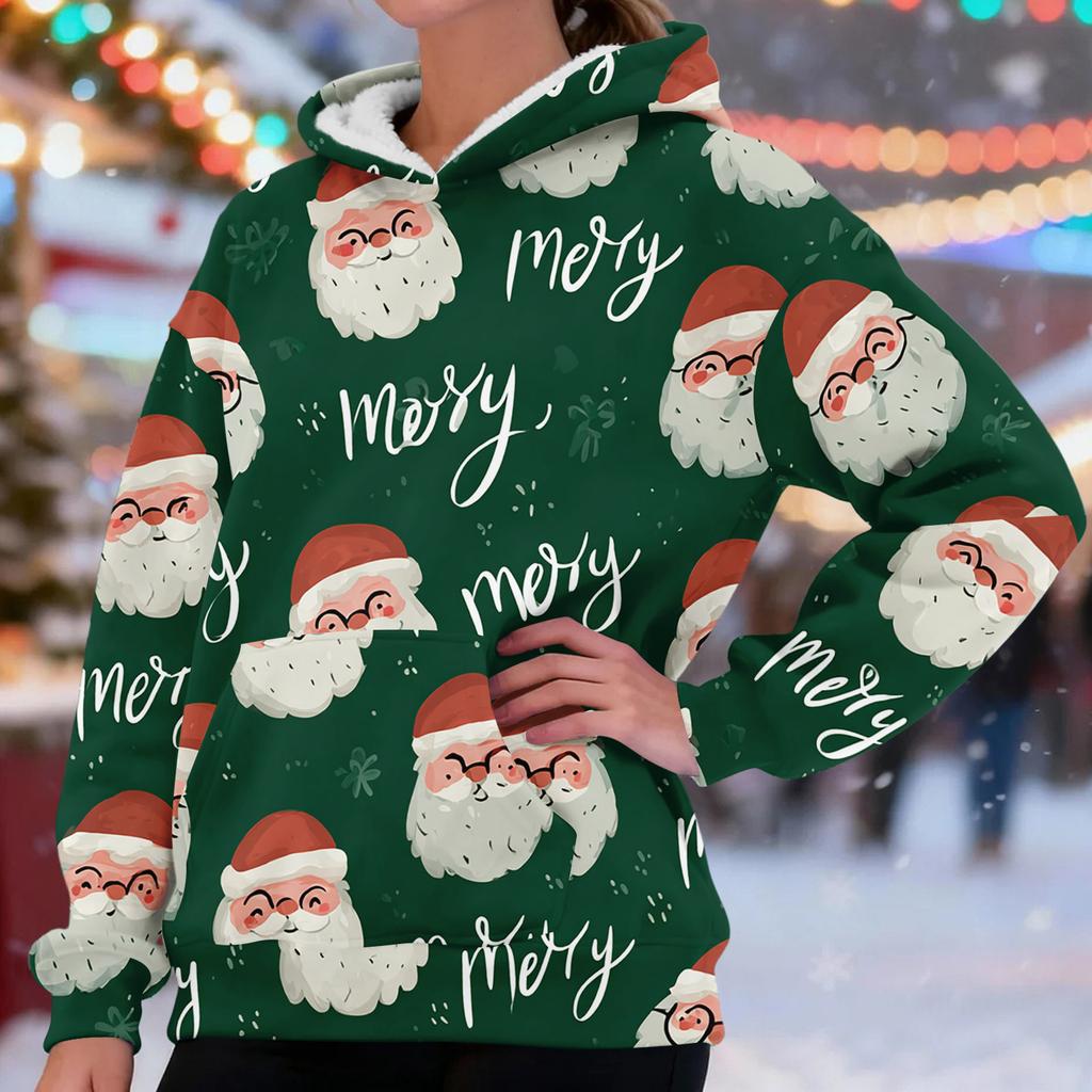 Women's Fashionable Casual Long-Sleeved Christmas Print Fleece-Lined Thick Hooded Sweatshirt