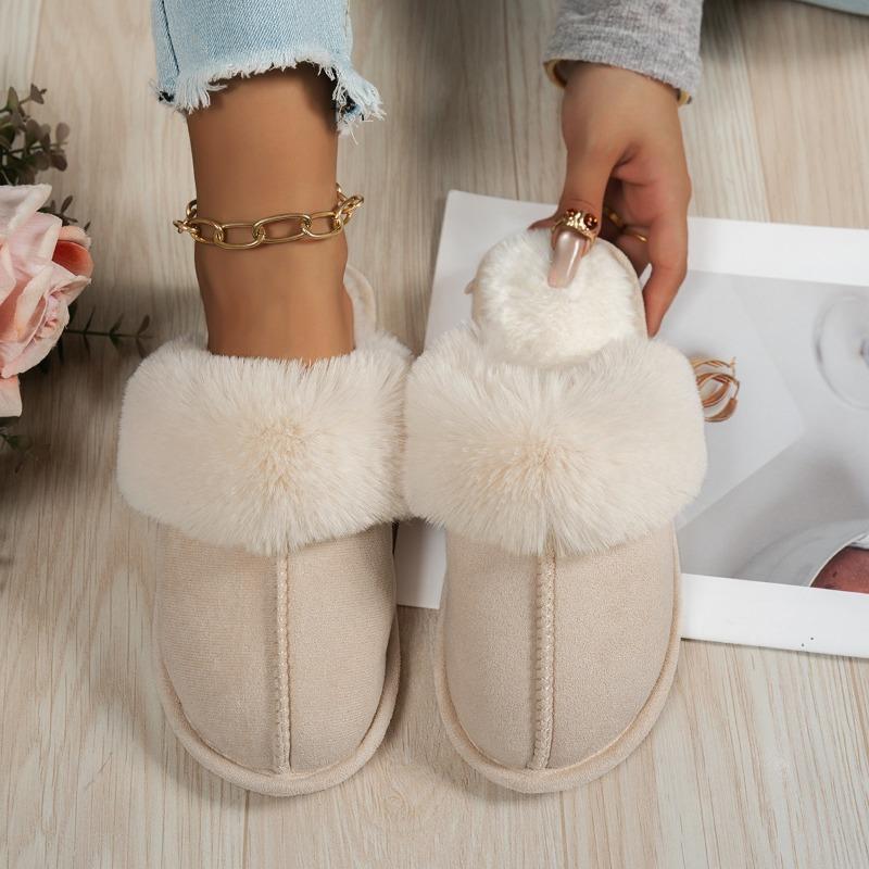 Fall/Winter Solid Color Deerskin Fleece Large Wool Warm Cotton Slippers Round Toe Deep Mouth Soft Sole Non-slip Flats