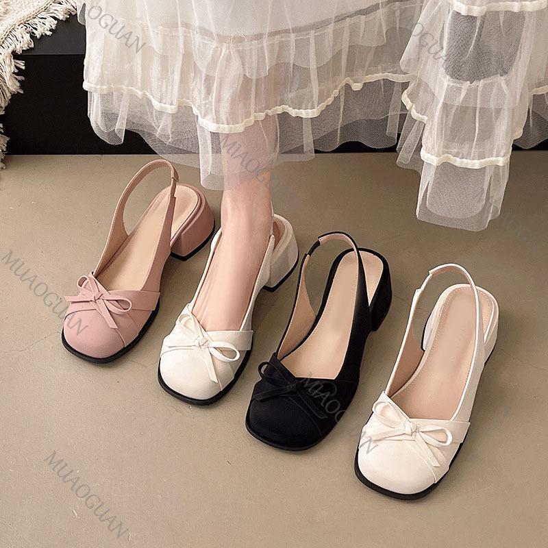 Fashion Baotou Sandals Women's Summer Mid Heel 2025 Spring Summer New Bow Back Strap Sandales Femme Sweet Square Head Women Single Shoes