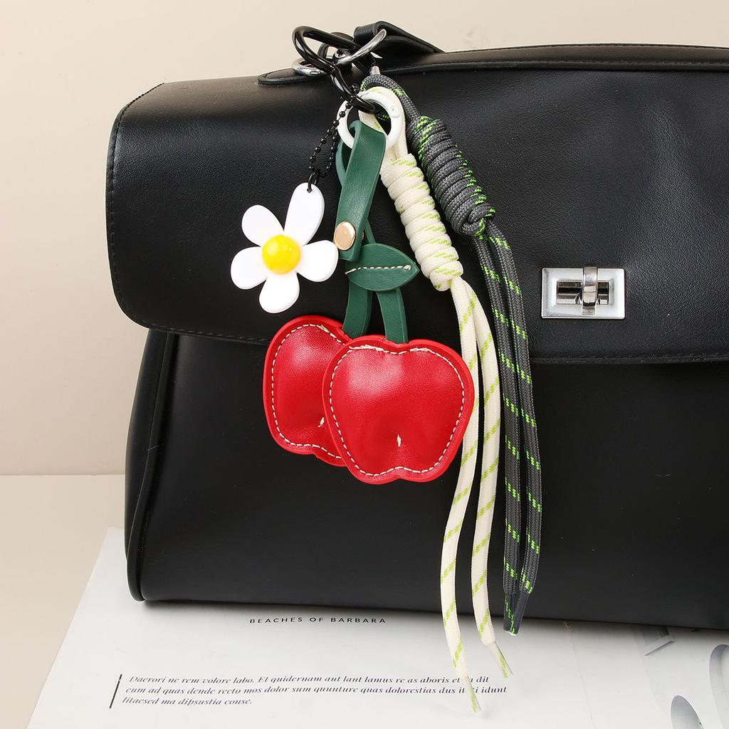Cute PU Leather Cherry and Flower Bag Charm,Trendy Fruit for Women,Sweet Backpack Pendant,Fashion Bag Accessory Gift Bag Charm