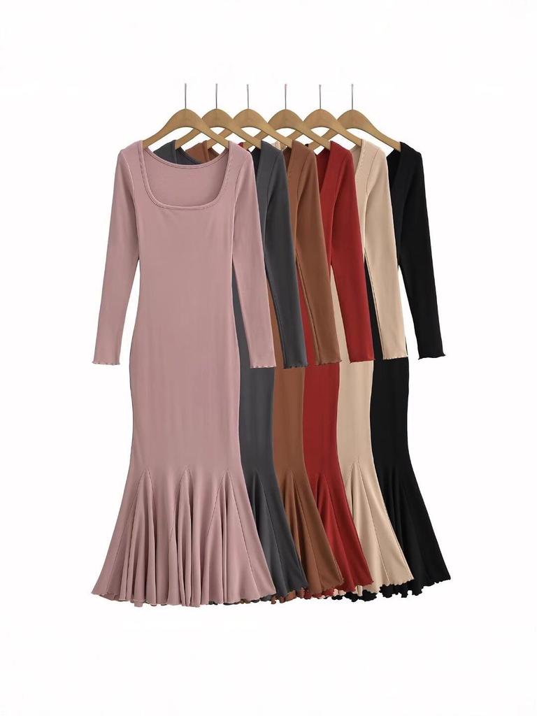 2025 quadratischer Halsausschnitt Fischschwanz-Kleid mit Fleece-Futter – Mehrfarbig, Langarm, Eleganter Stil für Pendeln und Verabredungen