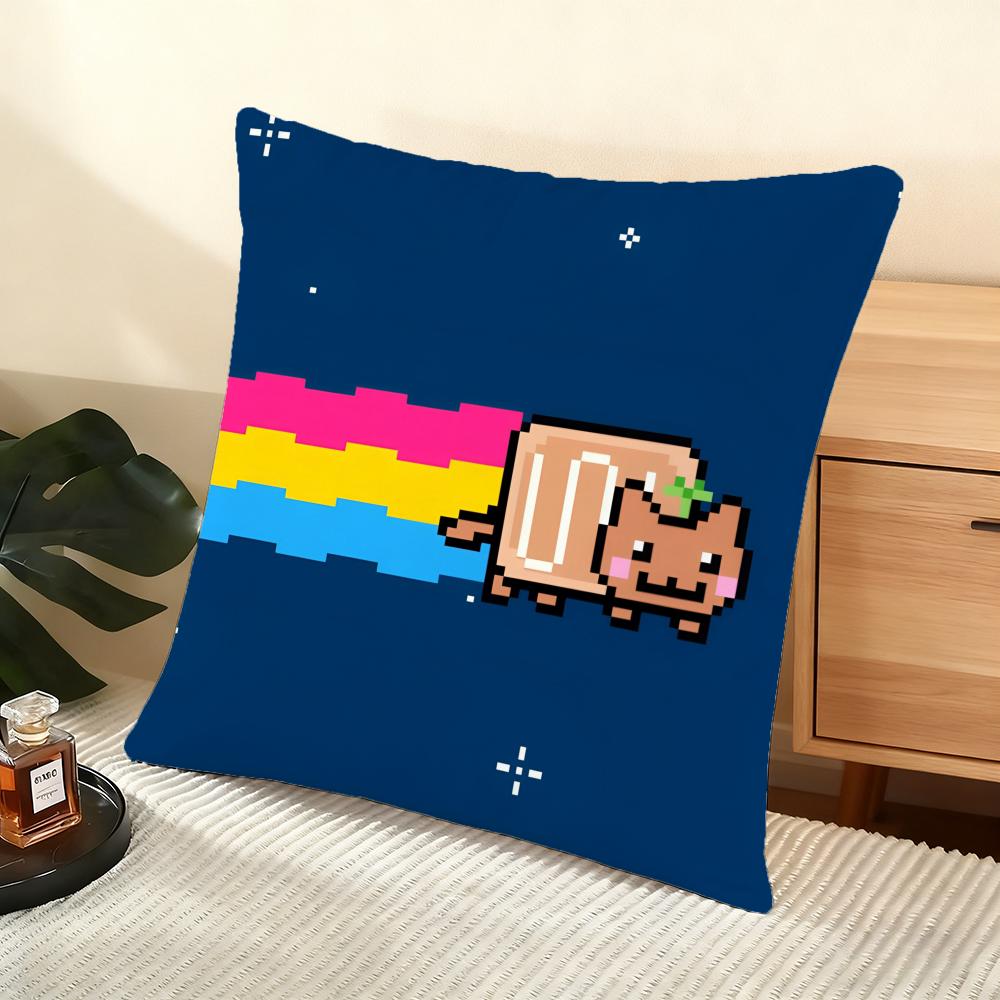 Cartoon Game N-Nyan-C-Cat Cushion Cover Soft Short Plush Pillow Cover Smooth Cozy Texture Aesthetic Cushion Case Home Decor