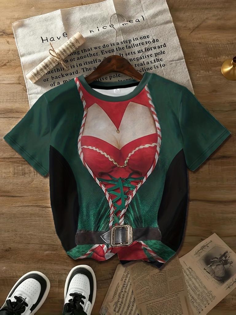 Women's T‑shirt Christmas Elf Costume 3D Fake Outfit Print Short Sleeve Crew Neck Summer Casual Party Tops Women Clothing