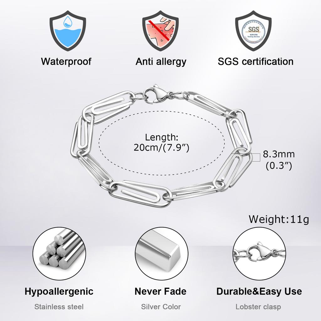 Paperclip Chain Bracelets for Men Women,8.3mm Simple Stainless Steel Links Wristband,Stylish Unisex Jewelry Gift