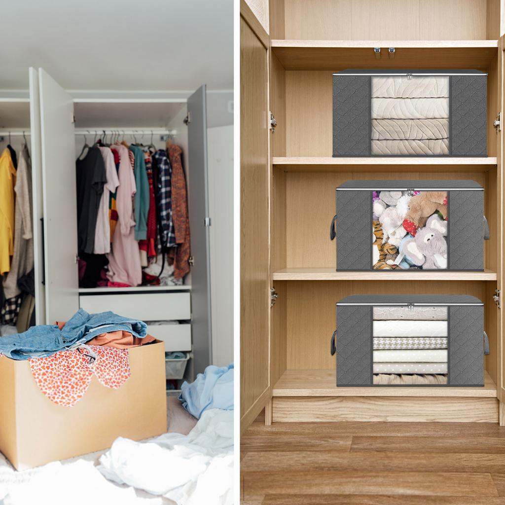 Boic 4 stuks 90 l opbergtassen, opbergdoos met deksel, grote kledingopslag, verhuisdozen, opvouwbare opbergdozen voor dekbedden, dekens, kleding, onderbed, kledingkast, grijs