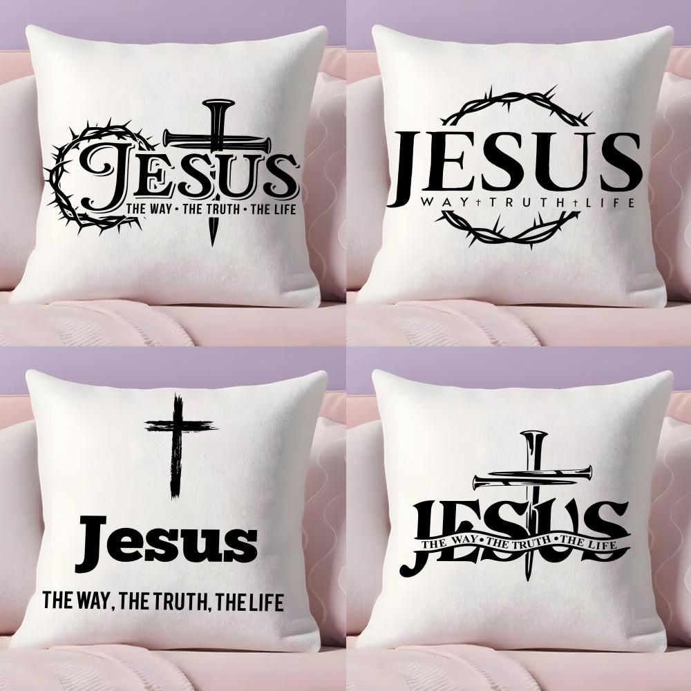Christian Jesus The Way Truth Life Cushion Cover Plush Fabric Double-Sided Printed Invisible Zipper Sofa Pillow Case Home Decor
