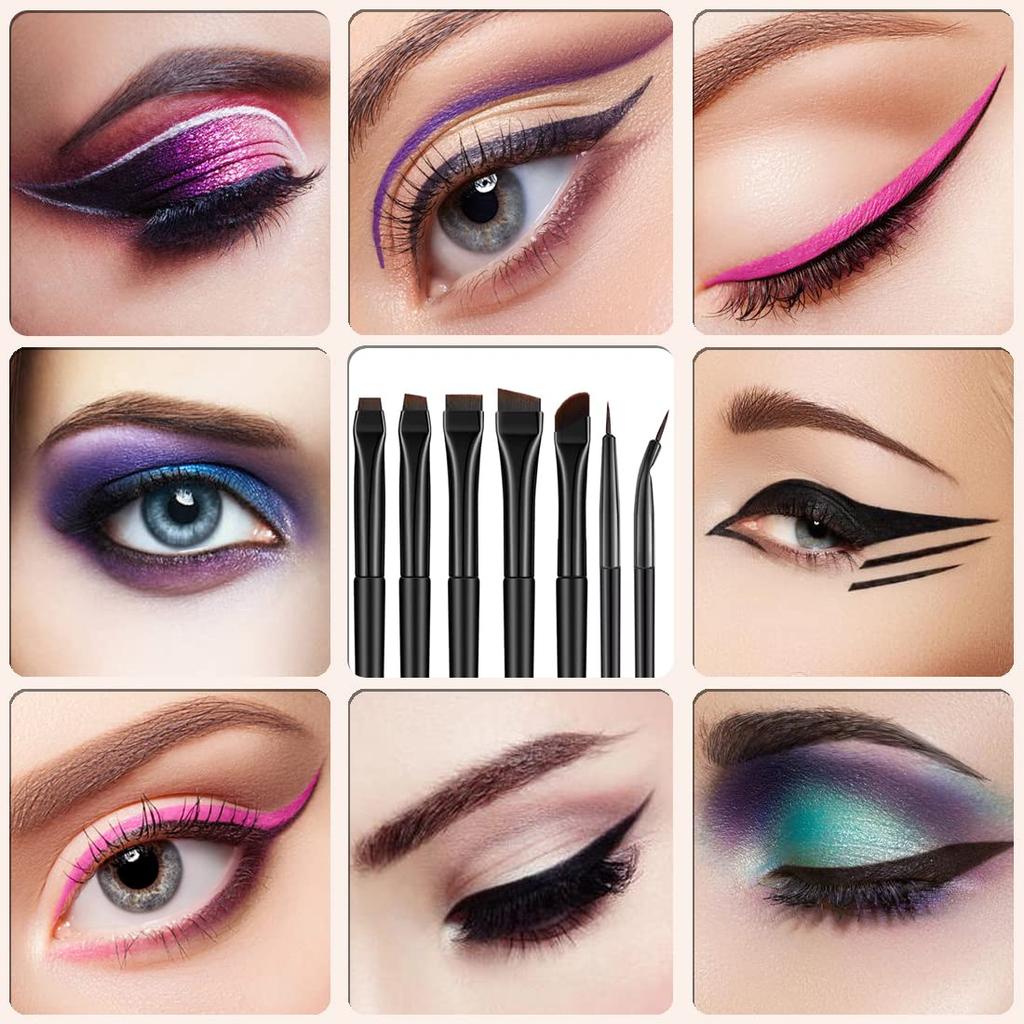 Rytrre Eyeliner Brush Angled Flat Definer Eyeliner Makeup Brushes Extra Fine Curved Pencil Point Eyeliner Brush for Precision Liner 7pcs Black