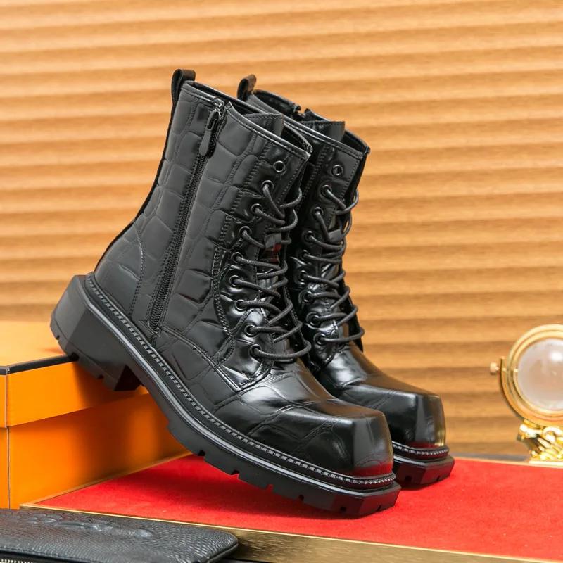 2024 Autumn New Men's Shoes High Top Casual Fashion Trend Brand Increase Big Head Leather Boots Large Size 38-45