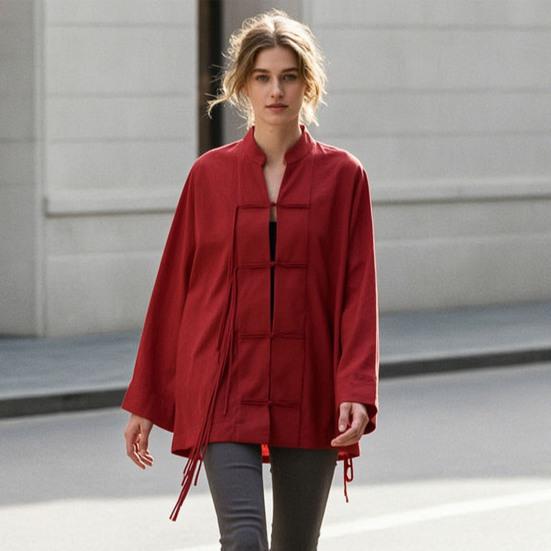 Handgemachtes Knopflochhemd Damen Hemd mit Stehkragen, Chinesische Frosch-Bluse für Frühsommer Freizeit-Outfit Herbst, Lockeres einfarbiges Langarm-Oberteil Frühjahrs-Kleidung