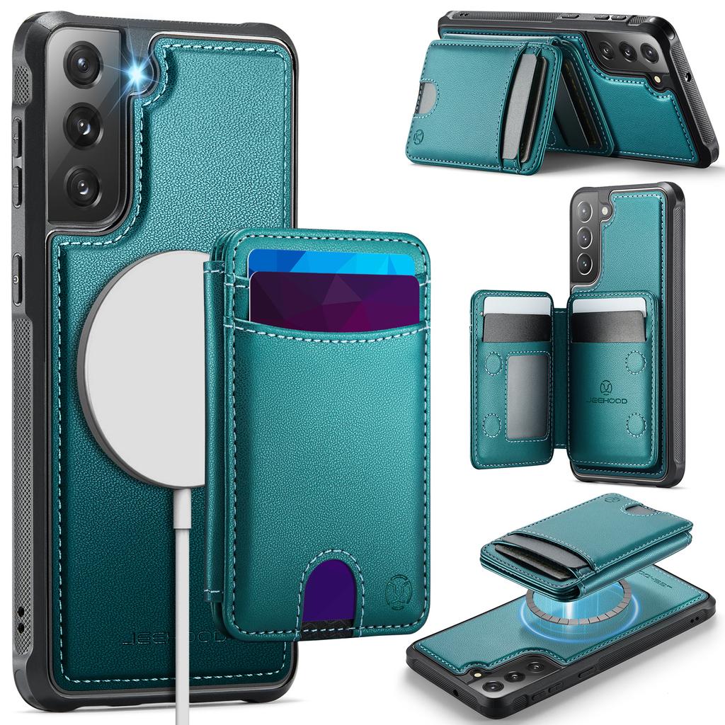 For Samsung Galaxy S22 5G Magnetic Case JEEHOOD J10 Leather Back Phone Cover with Detachable Card Holder Kickstand