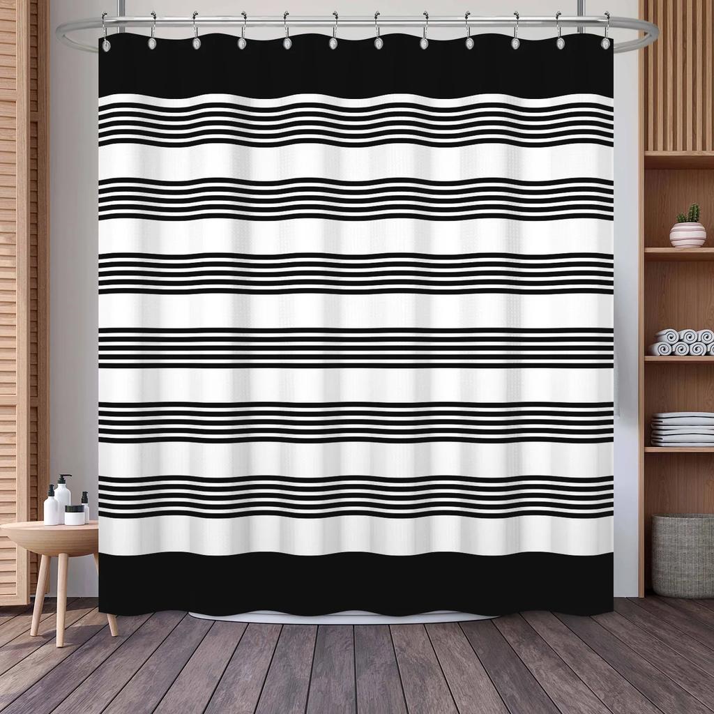 Waffle Shower Curtains Modern Hotel Style Striped Geometric Pattern Bath Decor Waterproof Polyester Bathroom Curtain with Hooks