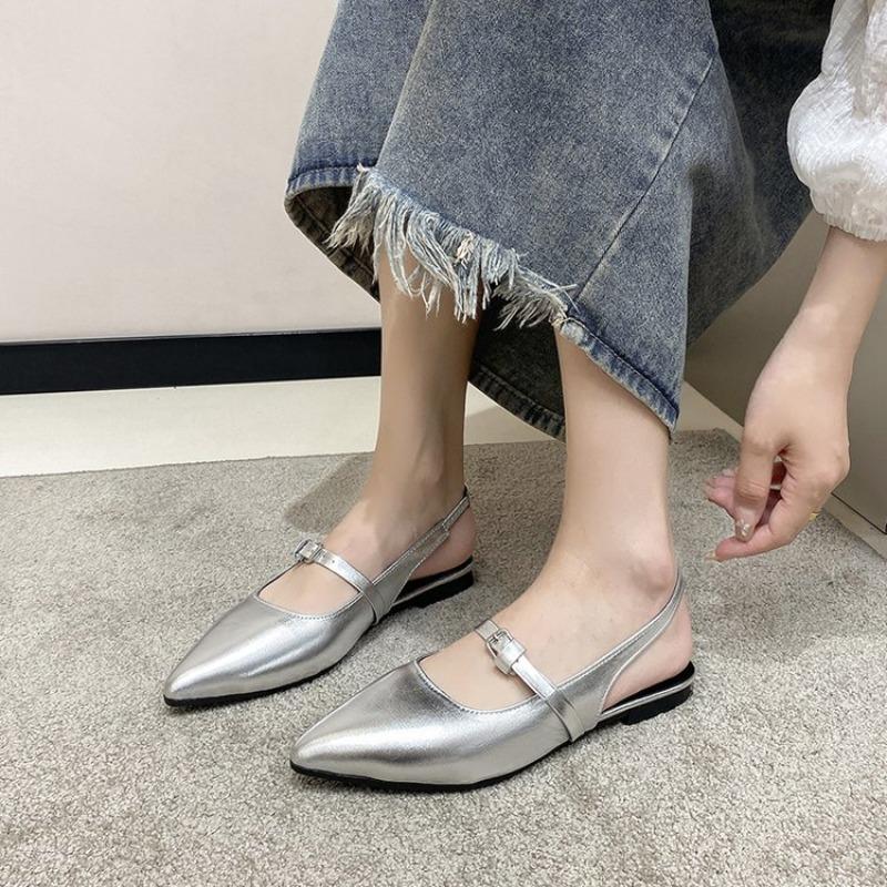 Silver Bag Head Sandals, New Low-heeled Pointed Flat-soled Sandals, Temperament Fashion Shoes