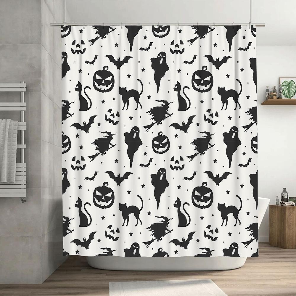 Halloween Decor Shower Curtain Set Black and White Witch Cat Pumpkin Ghosts Bats Halloween Pattern Polyester Waterproof Washable