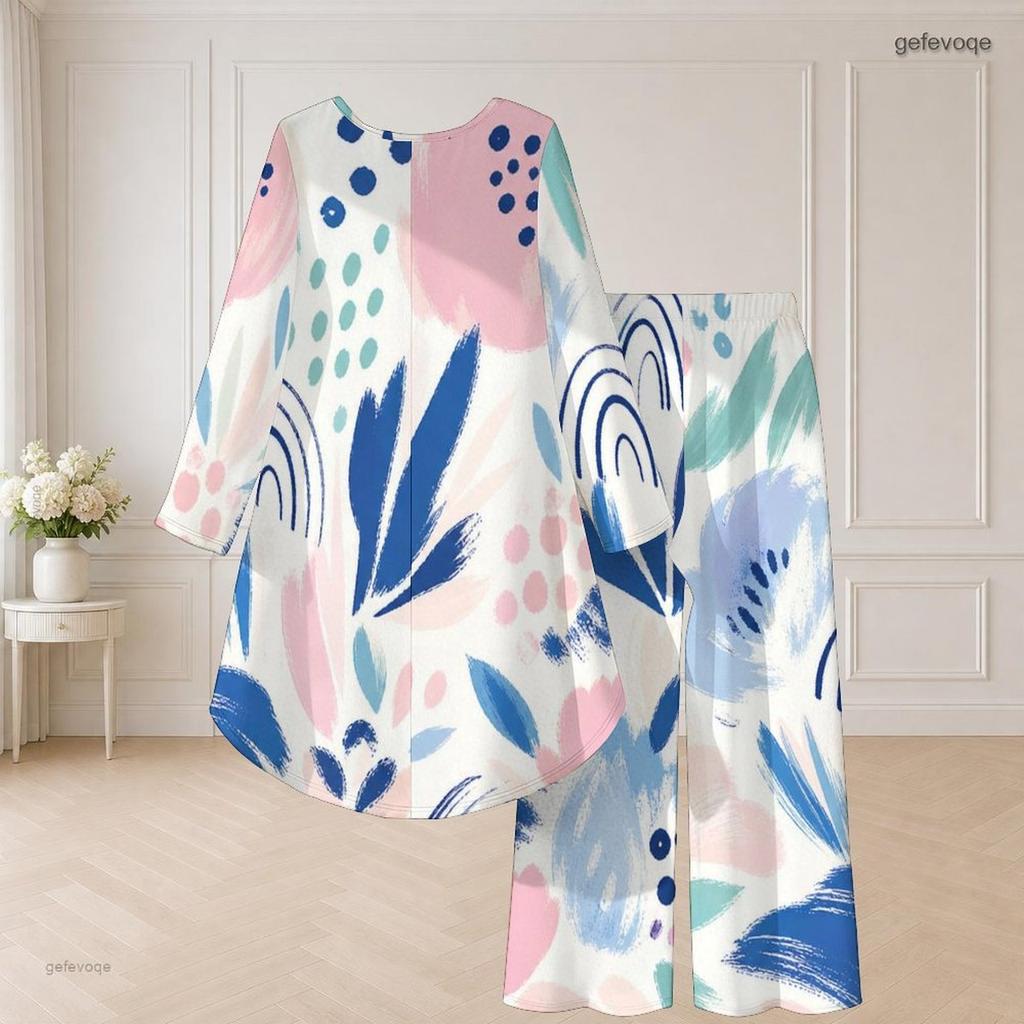 Women Plus Size Round Neck Long Sleeve Printed High Low Top Wide Leg Pants Two Piece Set