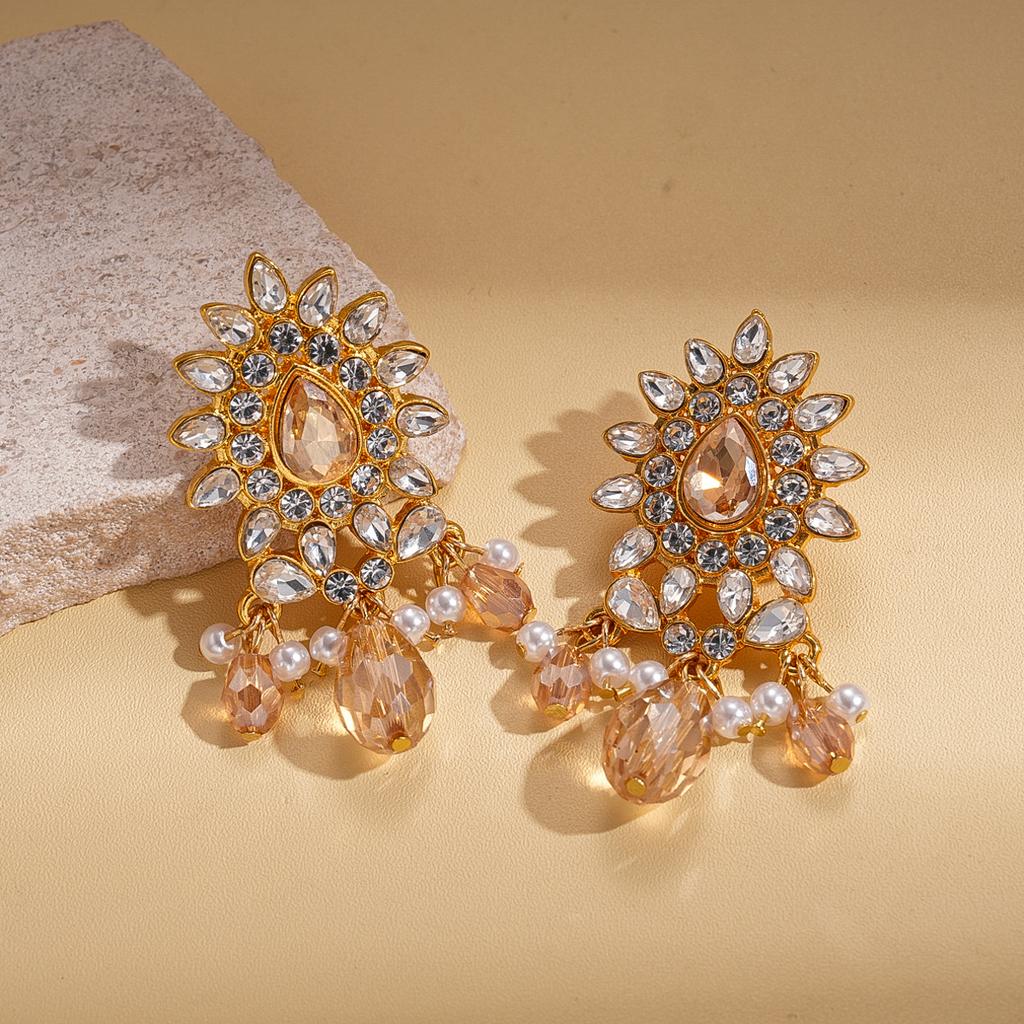 Court style diamond-set imitation pearl flower water drop silver needle earrings exquisite earrings