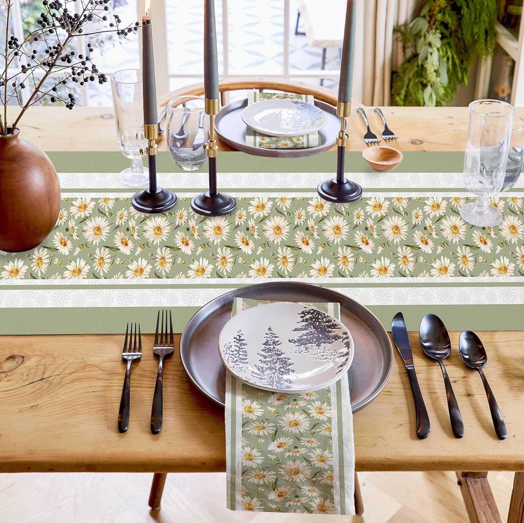 Spring Easter Daisy Flower Linen Table Runner Party Decor Reusable Farmhouse Kitchen Dining Table Runner Easter Decorations