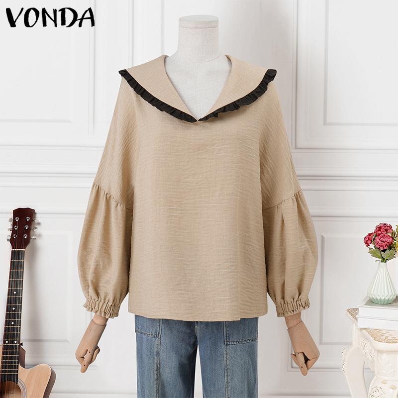 VONDA Women Casual Lace Lapel Long Sleeve Blouses