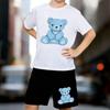 Boys 2 Piece Cute Bear Print Outfit, Short Sleeve T-Shirt and Shorts Set for Kids Age 5-14,Black and White Sporty Casual Summer Clothes
