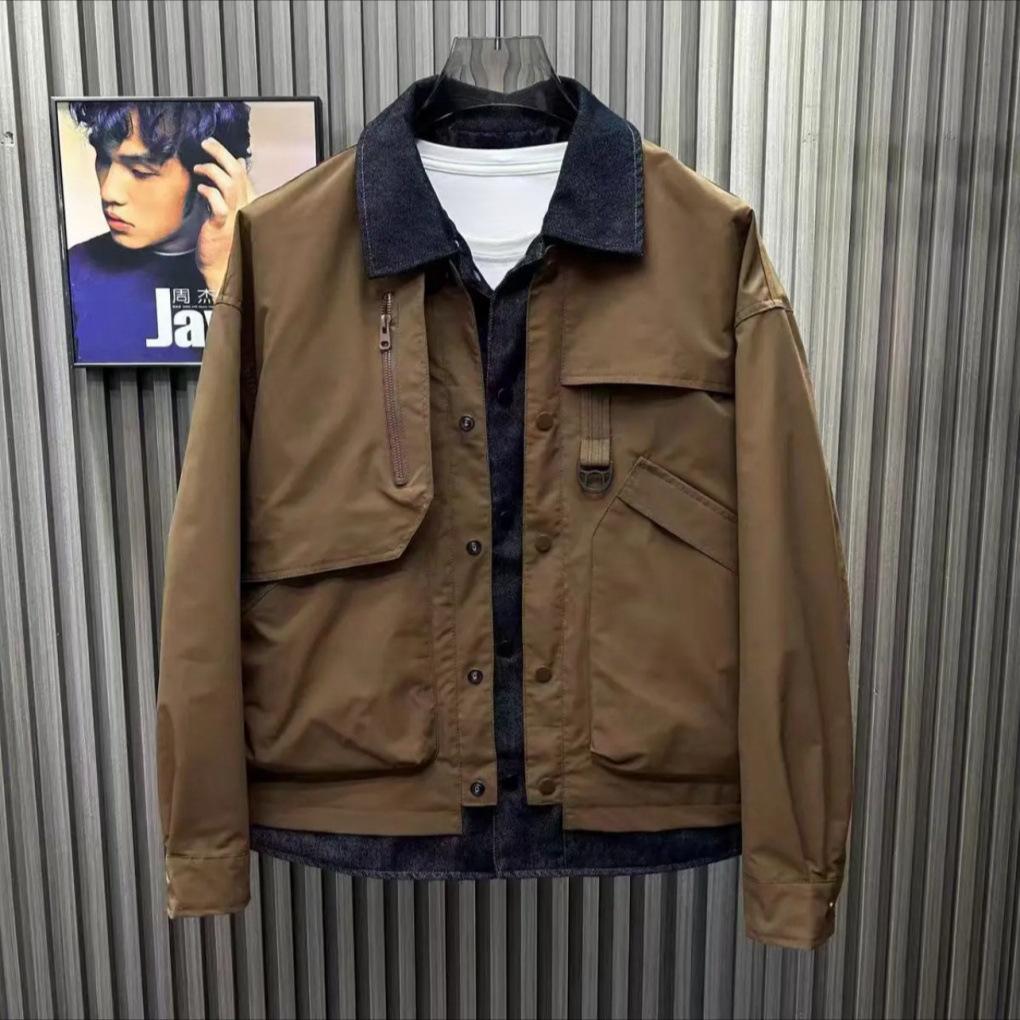 

2025 new men s spring and autumn vacation two-piece tooling jacket trendy loose denim splicing lapel versatile jacket 2XL [175-100 kg] темно-коричневого