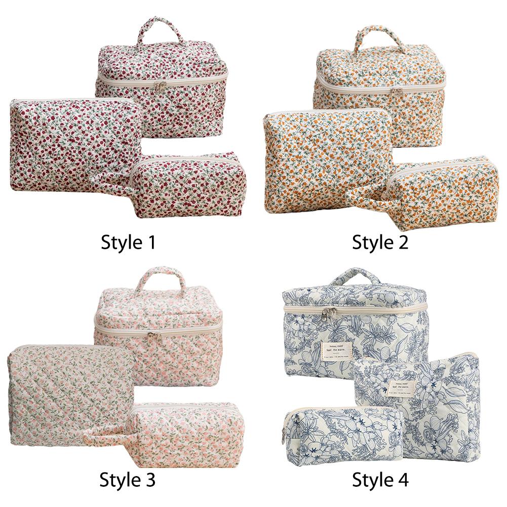 3Pcs Floral Toiletry Bag Cotton Quilted Makeup Organizer Storage Bag Large Capacity Cosmetic Organizer Case for Women and Girls