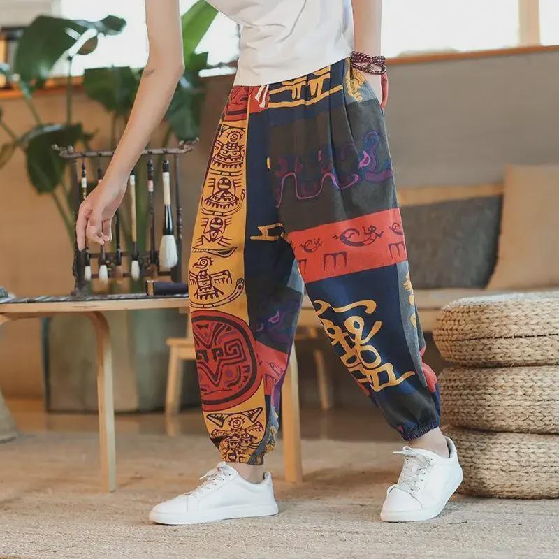 Cashew Flower Men's Thai Linen Wide-Leg Nine-Point Summer Pants