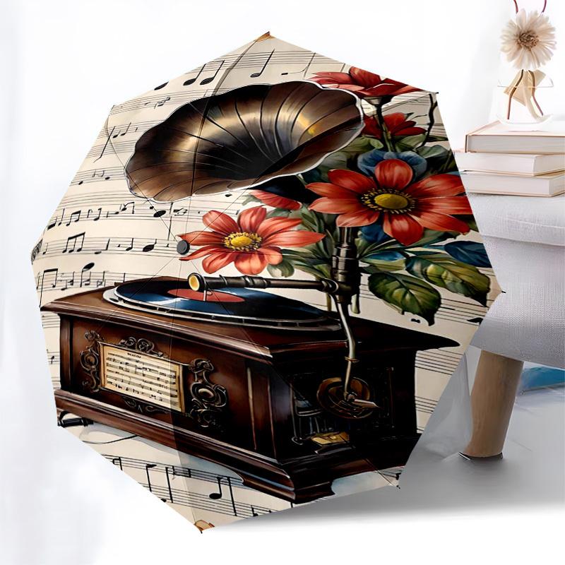 1pc Vintage Gramophone with Flowers and Sheet Music Umbrella with Plastic Handle,Suitable for All Seasons Home Travel Outdoor Umbrellaptys31012
