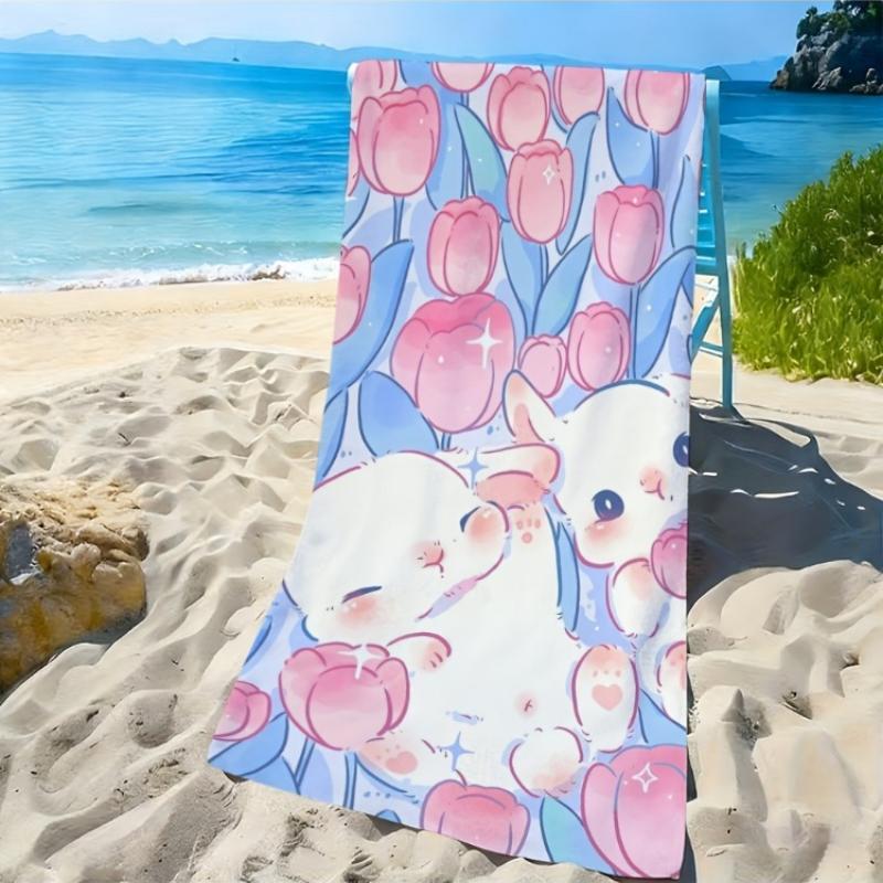 

2D Flat -1pc Cute Rabbit and Pink Tulip Dreamy Illustration Beach Towel | Soft,Skin-Friendly,Non-Shedding, Easy to Clean,Durable W40*H60(CM)