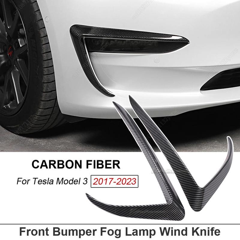 For Tesla Model 3 Model Y 2017-2023 Glossy Black/Carbon Car Front Bumper Fog Light Frame Wind Knife Spoiler Decoration Body Kit
