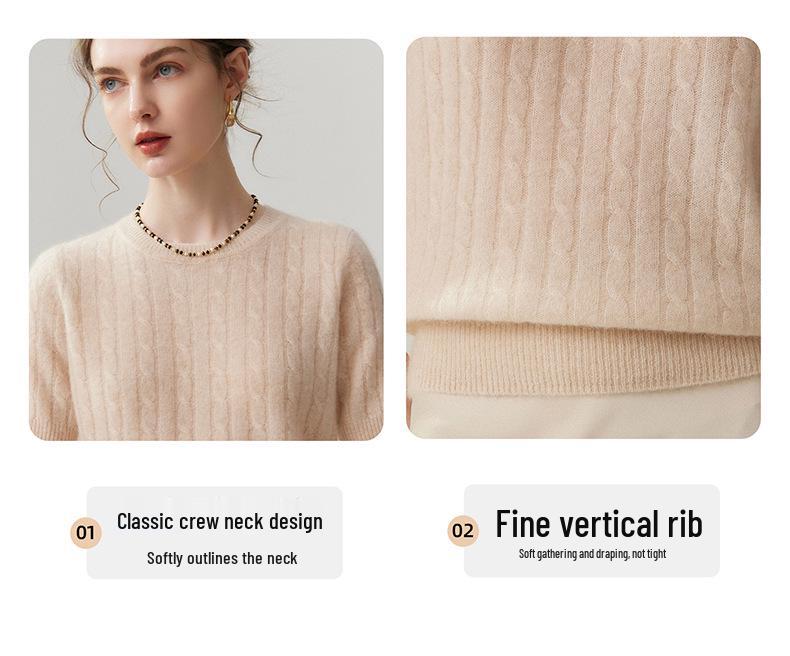 Lekasha 100% Pure Cashmere Short-Sleeve Round-Neck Pullover.