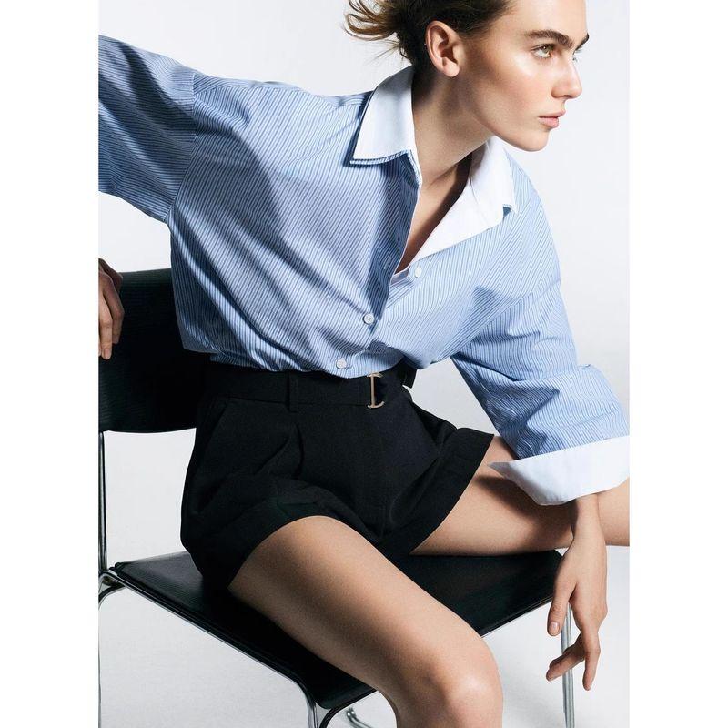 Spring New Women's Clothing Single Row Multi-Buckle Stripes Poplin Long Sleeves Lapel Casual Shirt Tops 2796545