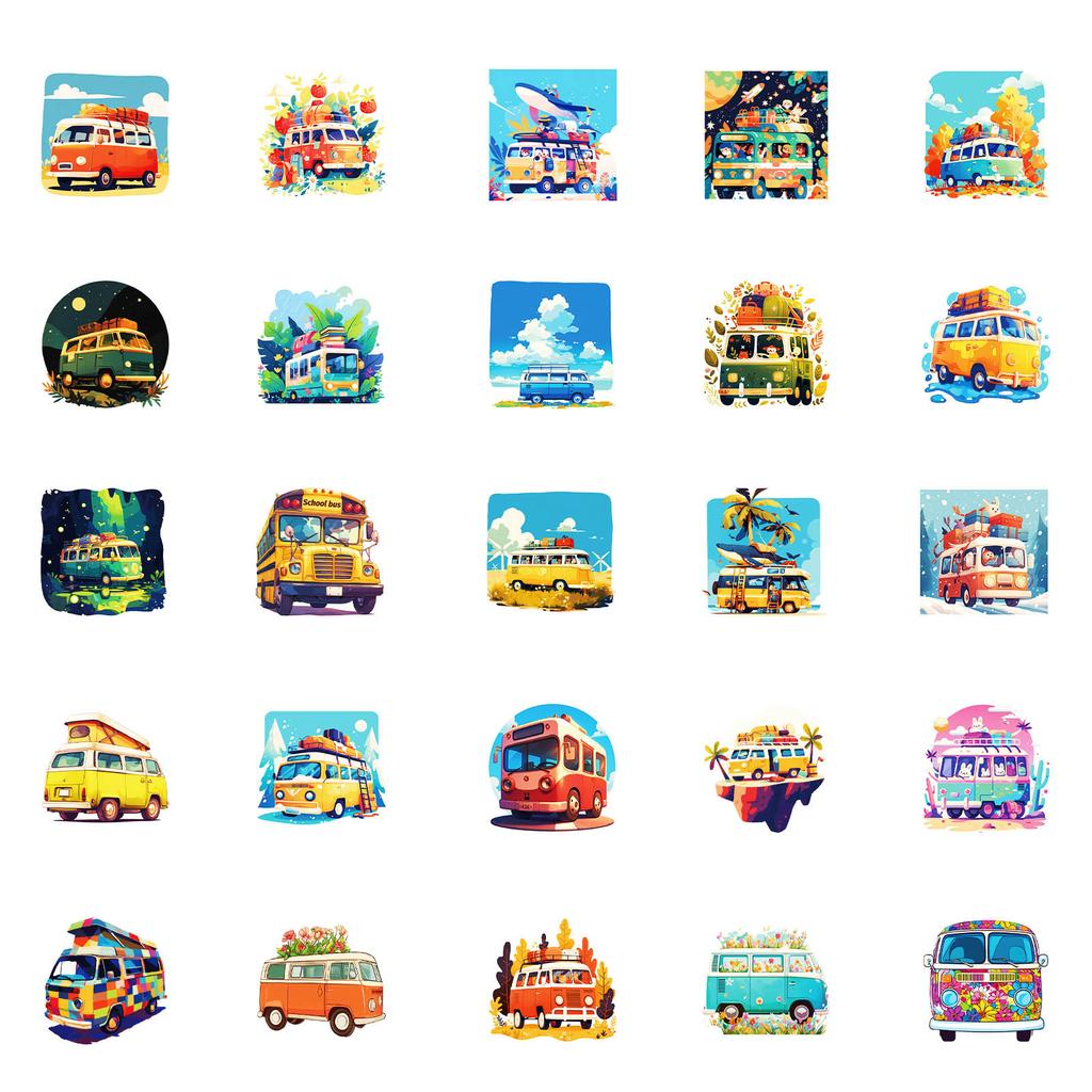 50 Cute Multicolor Floats Bus Cartoon Transportation Series Waterproof Decorative Stickers Children'S Enlightenment Education